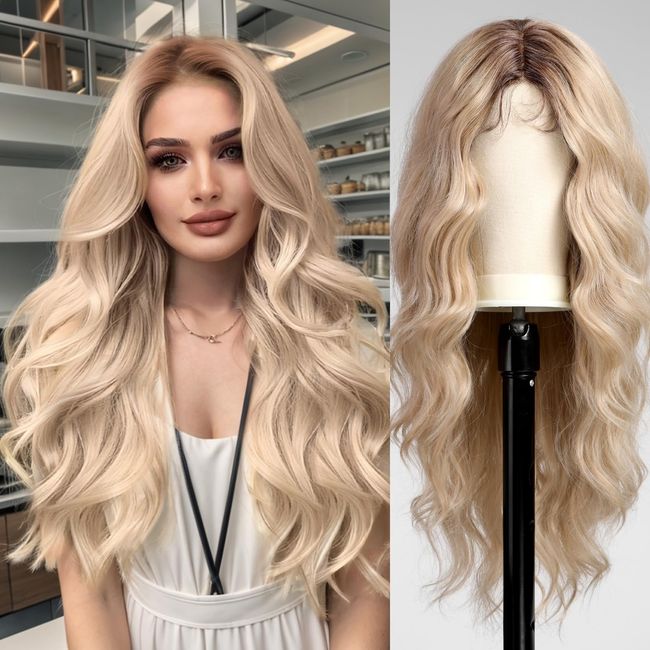 Alanhair Lace Front Wig Nature Platinum Blonde Wig Long Wavy Synthetic Wig Ombre Blonde Wig Middle Part Hair Wigs for Women Daily Wear Wig