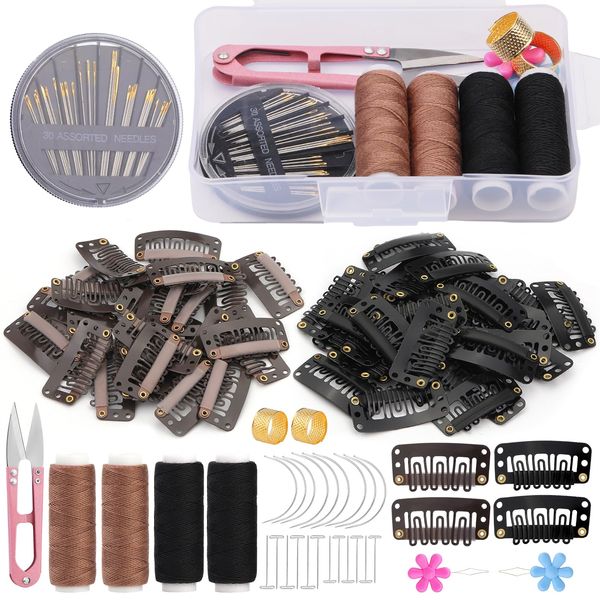 ENCHOL 60 Pieces Wig Clip Set, U-Shape Hair Extension Clips, Metal Snap Clips for Hair Extensions and Wefts with Sewing Needle and Thread Accessories