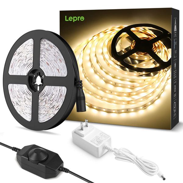 Lepro LED Light Strip, Light Bulb Color, Stepless Dimming, Indirect Lighting, LED Tape, 16.4 ft (5 m), High Color Rendering, Cuttable, 2835 SMD, 300 LEDs, High Brightness, For Bedroom/Room/Store/Collectibles/Sign Lighting