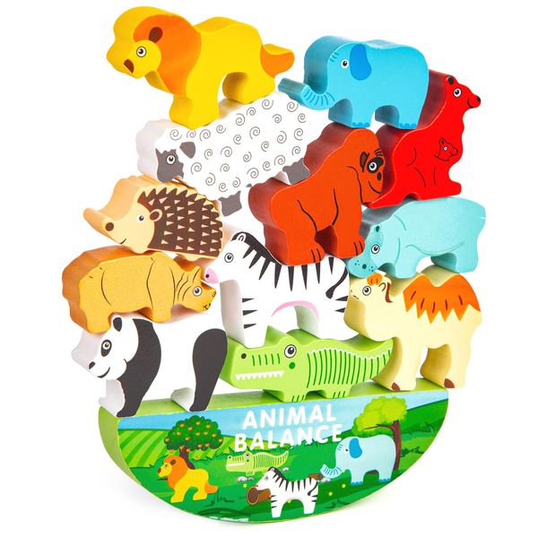 3 otters 13PCS Animal Stacking Building Blocks, Wooden Stacking Toys Balance Game Toy Set Montessori Toys for Toddlers Girls Boys 2 3 4 Year Old