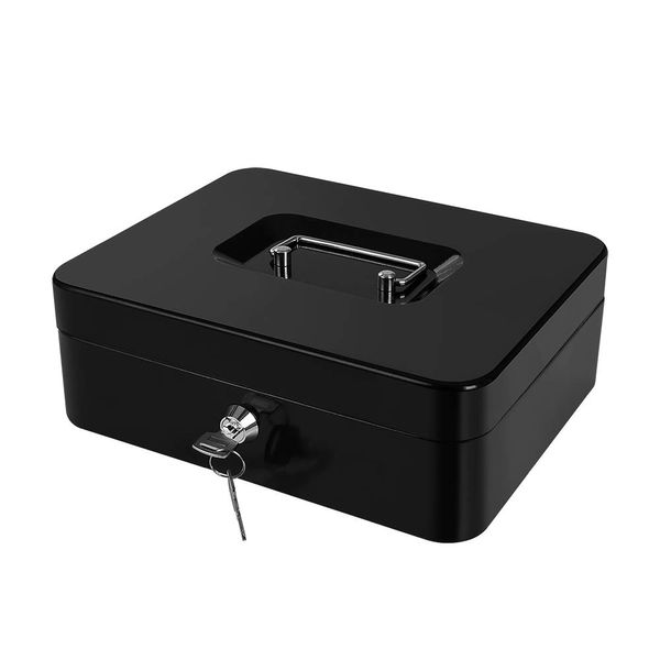 Cash Box with Money Tray Large Security Box Metal Safe Box for Money 9.84 x 7.87 x 3.54 Inches Black