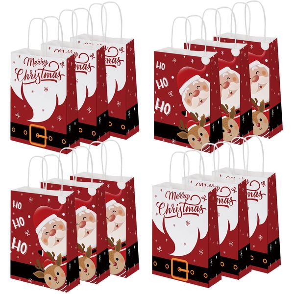 MEHOFOND 24 Pcs Christmas Paper Gift Bags with Handles, Santa Claus Deer Christmas Bags, Red Xmas Ho Ho Ho Candy Bags for Kids, Goodie Present Bags for Holiday, Christmas Party Supplies