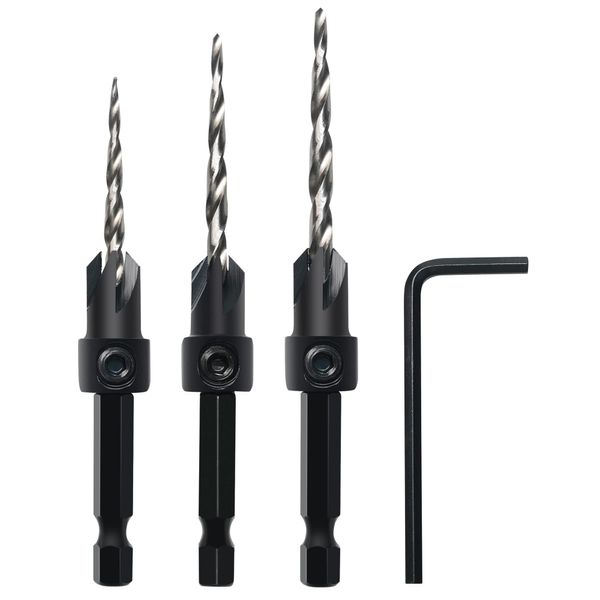 GMTOOLS Countersink Drill Bit Set, 3Pcs Tapered Drill Bits M2 HSS, with 1/4" Hex Shank Quick Change and Allen Wrench, Counter Sinker Set for Woodworking and Carpentry, Pilot Screw Hole Set