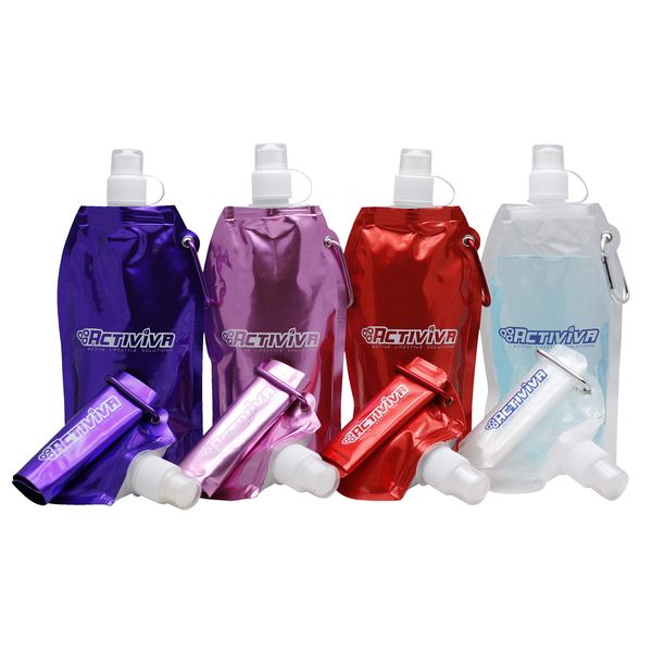 ACTIVIVA USA Merchant | Collapsible Reusable Water Bottle with Carabiner Clip Light Weight Leak Proof Foldable Drinking Water Bottle Non Toxic BPA Free - 16.9 oz 4 Pack (Pink, Purple, Red, Clear)