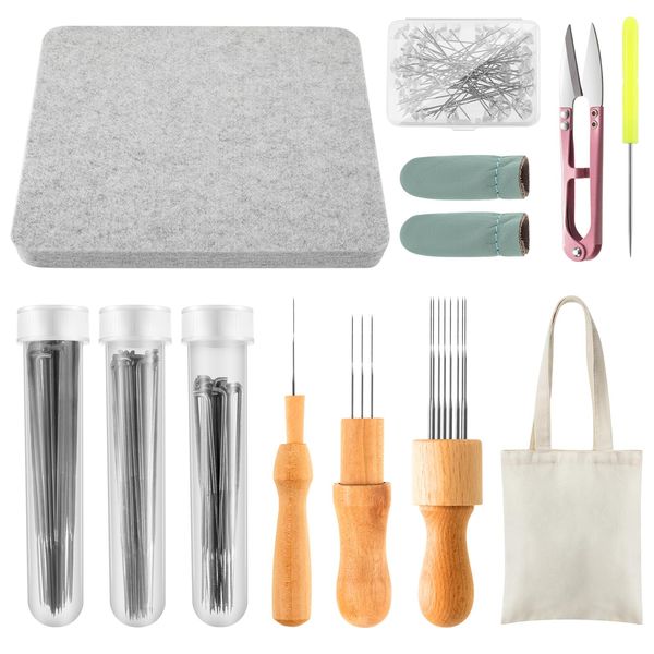 148 Pcs Needle Felting Kit 8 x 10 Inch Felting Pad Needle Felting Tools Felting Mat Needle Felting Supplies with Felting Needles Finger Guards Wooden Handle Scissor Bag for Beginner Professional DIY