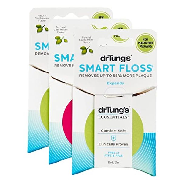 DrTung's Smart Floss - PTFE & PFAS Gentle on Gums, Expands & Stretches, BPA Free Floss - Natural Dental Floss Cardamom Flavor (Pack of 3)