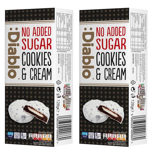 Diablo Dark Cookies With Milk Cream Filling Covered in White Glaze |No Added Sugar | Sweetened with Maltitol | Perfect for Gifting | 128g (Pack Of 2)