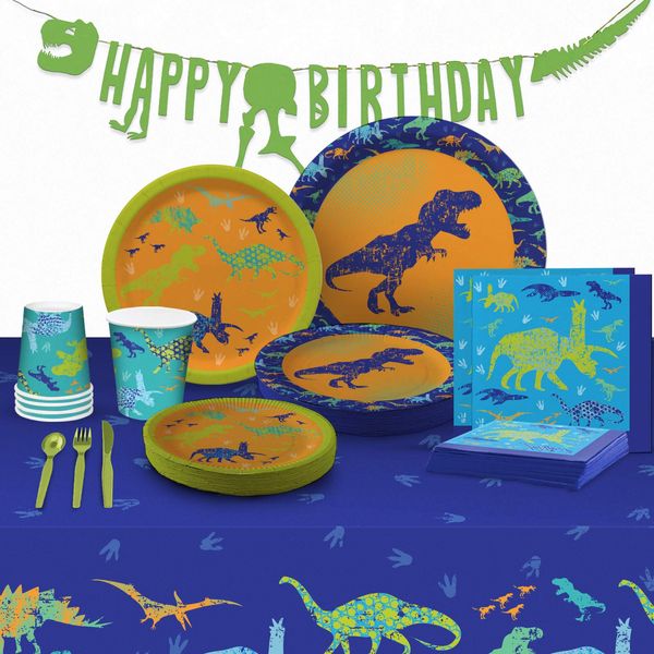 My Greca Dinosaur Party Supplies - ( Serves 16) - Dinosaur Decorations Set for Birthday Party - Plates, Cups, Napkins, Happy Birthday Banner, Table Cover, Utensil sets - TREX Bday Theme Pack