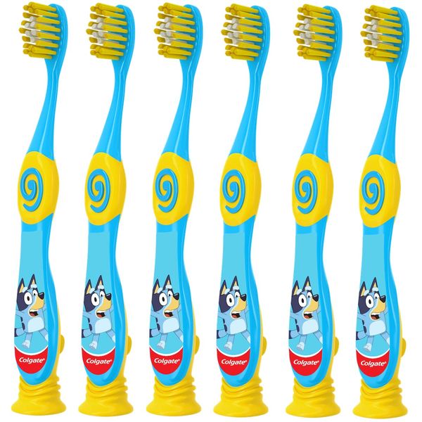 Colgate Bluey Toothbrush for Children with Suction Cup, Kids 2-5 Years Old, Extra Soft (Colors & Characters Very) - Pack of 6