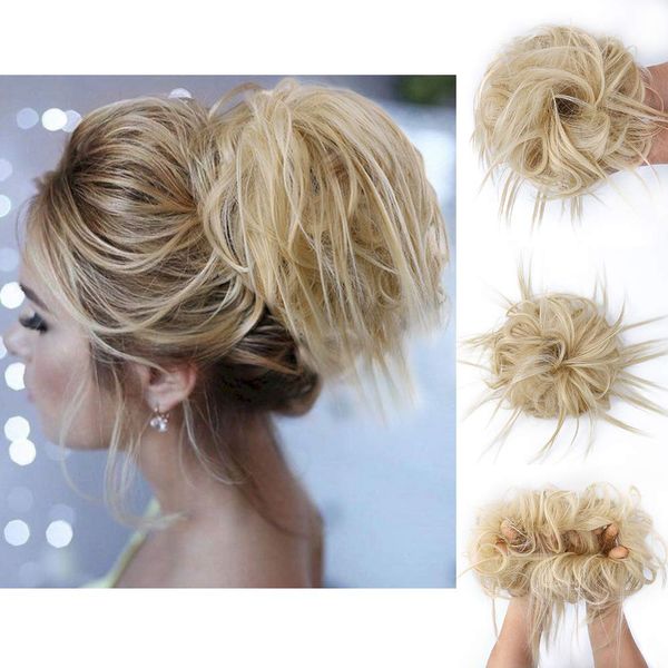 FORCUTEU Messy Bun Hair Piece Tousled Updo Hair Piece Scrunchies Synthetic Wavy Bun Extensions Rubber Band Elastic Scrunchie Chignon Instant Ponytail for Women(Light Ash Brown&Bleach Blonde)