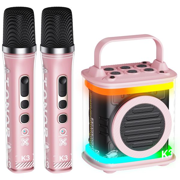 TONOR Mini Karaoke Machine with 2 Wireless Microphones, Portable Bluetooth Speaker for Kids Adults with Microfono Mic and Colorful LED Lights, Children Girls Boys Birthday Gift Home Singing Party Pink