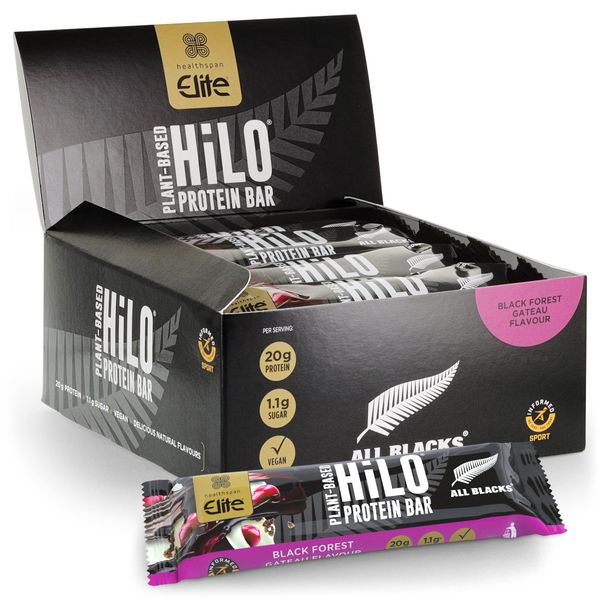 Healthspan Elite All Blacks Protein Bars (12 bars) | 20g Plant Based Protein Per Serving | 7.5g Fibre | 1.1g Naturally Occurring Sugars | Informed Sport Accredited | Vegan (Black Forest Gateau)