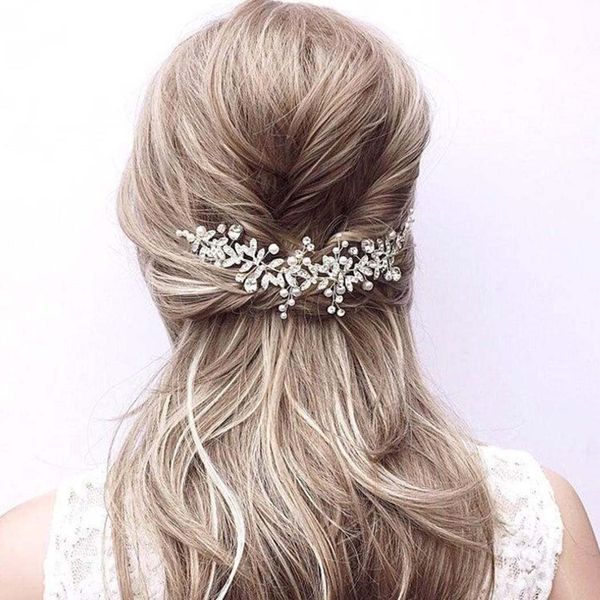 Foyte Crystal Bride Wedding Hair Comb Leaf Bridal Headpieces Rhinestone Flower Hair Vines Pearl Bridesmaid Side Combs Hair Accessories for Women (silver leaf)