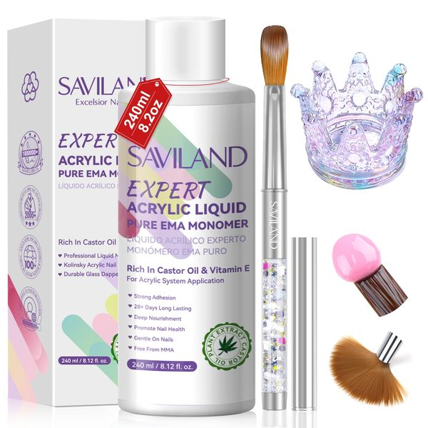 SAVILAND Pure EMA Monomer Acrylic Nail Liquid: 8.12fl.oz Odorless Acrylic Liquid with14# Acrylic Nail Brush Dappen Dish Castor Oil Vitamin E Nail Monomer Liquid Set for Acrylic Nails Extension Salon