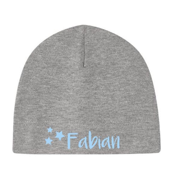 minimutz Kleine Babymütze mit Namen | Personalisierte Mütze Beanie für Baby und Neugeborene | Motiv Sterne Stars (grau)