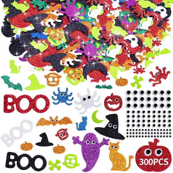 Halloween Foam Stickers 300Pcs, 200 Self-Adhesive Foam Glitter Sticker & 100 Wiggle Eyes, Pumpkin Ghost DIY Crafts for Halloween Thanksgiving Party