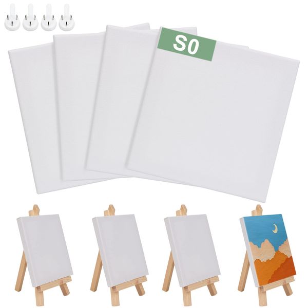 YTOPRO Set of 8 Canvas, S0, Wooden Frames, Oil Paintings, Squares, Art Supplies, Wood-Stretched Canvas Board, Oil Paintings, Acrylic, Artist Painting Fabric, Oil Leak Proof, Room Decoration, 4 S0 Size, 4 Mini Canvases + 4 Easels (Set of 8 Square)