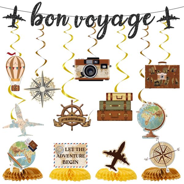 Eiapadeor Travel Themed Party Decorations - 13PCS Bon Voyage Decorations Glitter Bon Voyage Banner Hanging Swirls Let the Adventure Begin Honeycomb Centerpieces Decor Leaving Going Away Party Supplies