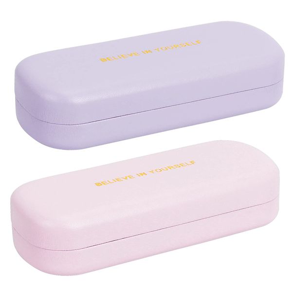 Arqumi Glasses Case, 2 Pack Hard Shell Sunglasses Case PU Leather Portable Eyeglass Case Box for Men Women Student Purple&Pink