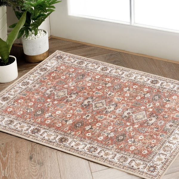 TOPICK Doormat 60x90cm Entryway Area Rug Taupe Rug Entrance Mat Foldable Thin Washable Rug Vintage Floral Print Carpet Non Slip Lightweight Rug Kitchen Bathroom Living Room Bedroom