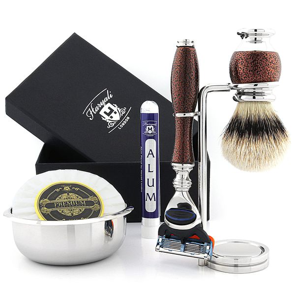 Haryali London 6pc Shaving Kit 5 Edge Razor With Silver Tip Badger Hair Shaving Brush, Stand, Soap, Bowl and Alum Perfect Set For Mens