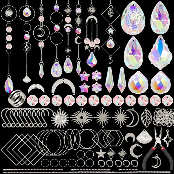 UXORSN Crystal Suncatchers 200 Pcs DIY Making Kits Sun Catchers for Windows Silver Chain Star Sun Moon Pendants Crystals Hanging Ornament Rainbow Drop Prism for Room Car Garden Party Wedding Decor