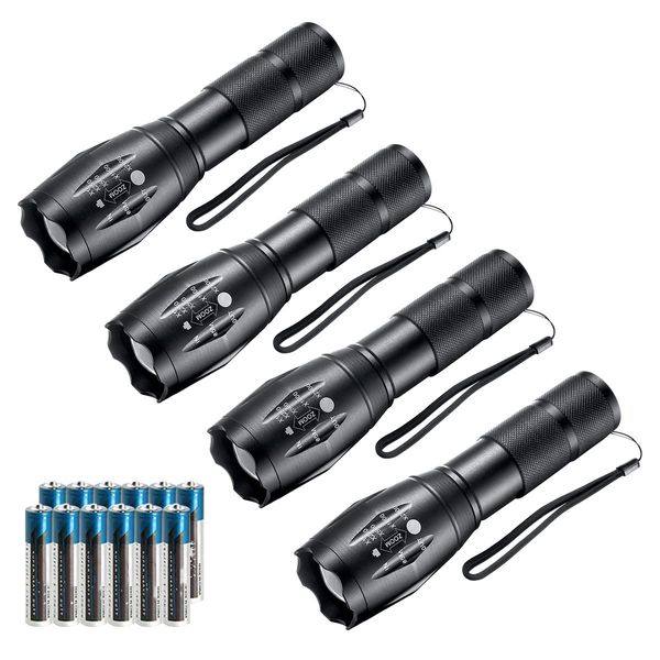 Whaply LED Flashlights,4pack Tactical Flashlight High Lumens Lights with 12Pack AAA Batteries Portable Waterproof Zoomable Flashlight with 5 Mode for Camping/Outdoor/Emergency(Black-4pack)