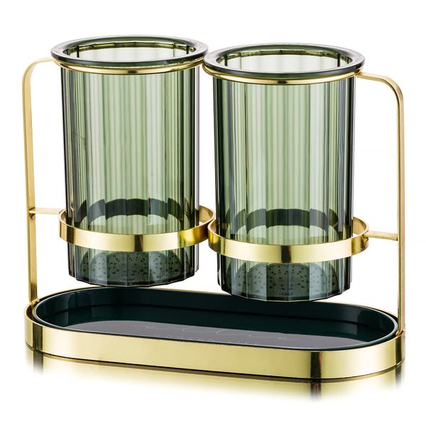 Kitchen Utensil Holder for Countertop, 2 Green Cups with Gold Iron Frame Cooking Utensil Crock, Chic and Modern Cutlery Caddy for Fork Spoon Spatula Flatware, Perfect Cookware Gift for Housewarming