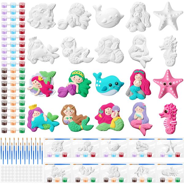 Simgoing 20 Set Mermaid DIY Painting Kit Ceramic to Paint Your Own Mermaid Statues Unpainted Plaster Figurines Brushes Acrylic Paints Bags Arts and Crafts Kits Party Favor for Kids Boys Adults Girls