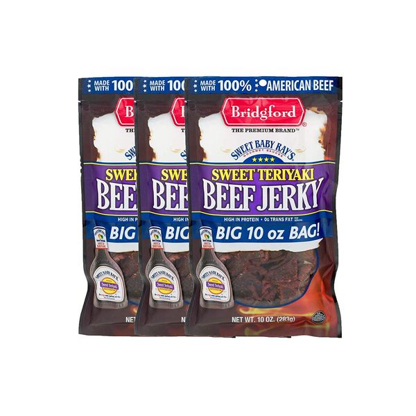 Bridgford Sweet Baby Ray's High Protein Beef Jerky, Low Carb Snack, Low Calorie, Keto Friendly, Sweet Teriyaki Flavor, 10 oz (Pack of 3)