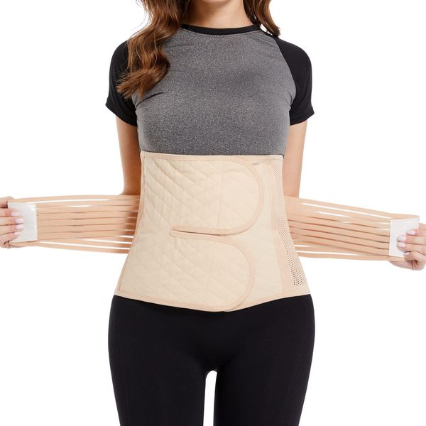 Reian Abdominal Binder for Post Surgery, Postpartum Recovery Belly Band C section Belly Binder, Abdomen Hernia Support Belt, Compression Wrap for Men and Women (Beige, Small)