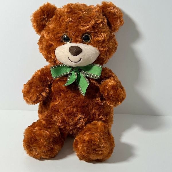 First and Main Red Brown Bear Stuffed Animal Plush Toy 15" Green Bow Tie