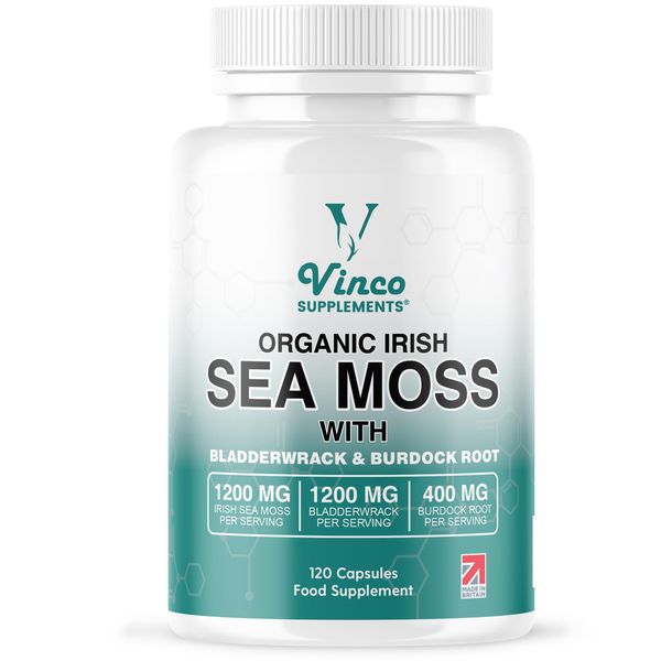 Organic Irish Sea Moss Capsules with Bladderwrack & Burdock Root - Sea Moss Supplement, Organic Sea Moss 1200mg, Bladderwrack 1200mg & Burdock 400mg per Serving - Gluten Free, Non-GMO (120 Capsules)