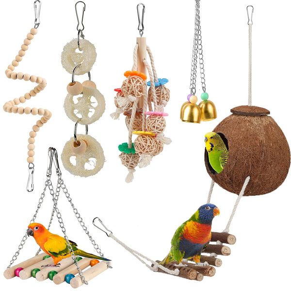 Bird Parakeet Toy Bird Cage Hammock Bird Perch Natural Coconut Hideaway with Ladder Swing Chewing Hanging Bell Toy with Mirror for Parrots,Parakeet,Conure,Cockatiel,Budgerigar,Love Birds,Mynah,Finches