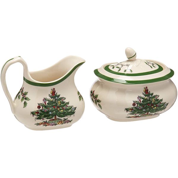 Spode Christmas Tree Collection Sugar and Creamer Set | 16 oz Sugar Bowl with lid 8 oz Creamer | Made of Fine Earthenware | Ideal for Storing Coffee, Sugar and Tea | Dishwasher safe