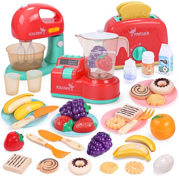 CUTE STONE Toy Kitchen Appliances Playset, Kids Kitchen Toy Mixer and Blender with Sound & Lights, Play Toaster, Cutting Play Food, Toddler Play Kitchen Accessories Set for Boys Girls