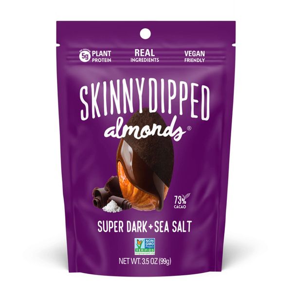 SkinnyDipped Super Dark Chocolate + Sea Salt Almonds, Vegan, Healthy Snack, Plant Protein, Gluten Free, 3.5 oz Resealable Bags, Pack of 5