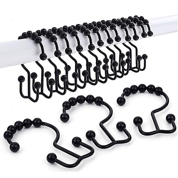 DAWNER Rust Proof Shower Curtain Hooks Rings, Stainless Steel Shower Curtain Rings Metal Double Glide Shower Hooks for Bathroom Shower Rods Curtains, Matte Black Decorative Finish, Set of 12 Hooks