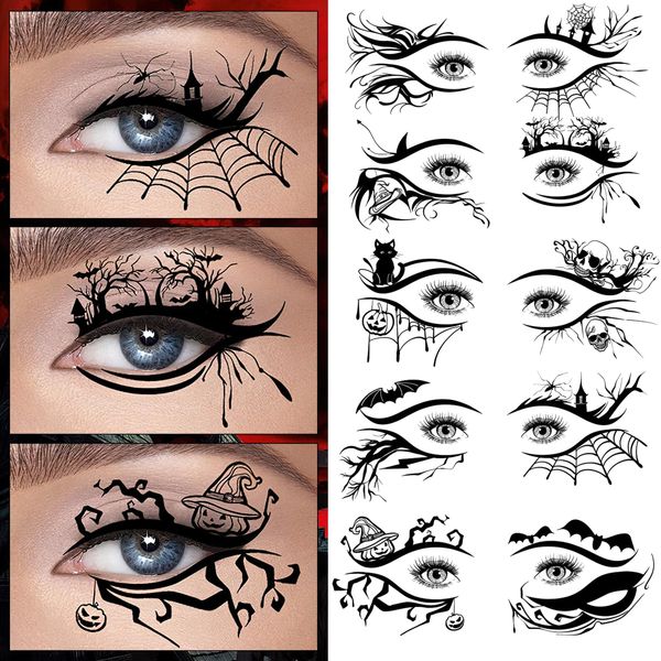 10 Pcs Halloween Temporary Tattoos Eye Shadow Face Temporary Tattoos Stickers Cat Bat Spider Web Gothic Fake Tattoos Eyeliner for Women Girl Man Halloween Eye Makeup Decals Party Essential Supplies