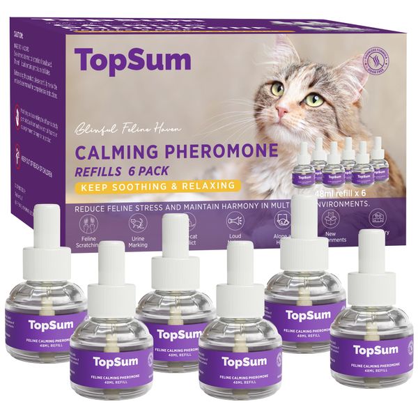 TopSum Cat Calming Diffuser Refills: 6 Pack Cat Pheromones Calming Diffuser Refill - Premium Cat Calming Diffuser Refill - Cat Pheromones for 4-Month Use, Cat Anxiety Relief, 6 Pack (Purple)