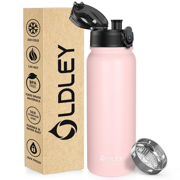 OLDLEY 600ml/20oz Stainless Steel Water Bottle Double Walled Vacuum Flask Keeps Drink Hot and Cold Leakproof BPA Free 600ML Metal Insulated Water Bottle for Sport School Work Outdoor Hiking (Pink)