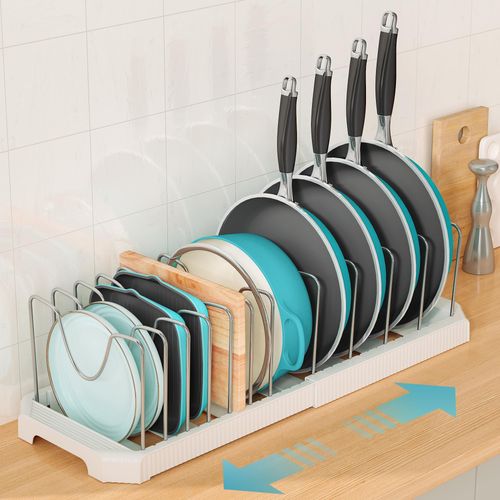 Pots and Pans Organizer for under Cabinet, Expandable Pan Pot Organizers inside Cabinet, Lightweight Duty Pot Rack for Kitchen Organizers and Storage Holder with 12 Adjustable Compartment White