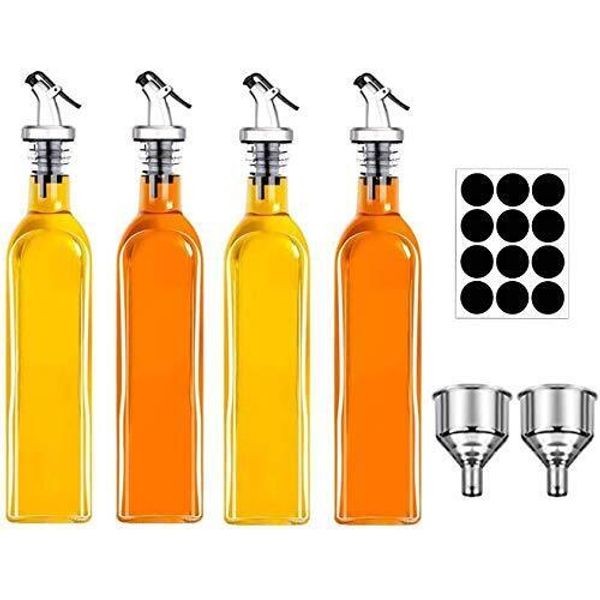 4 Pack Glass Olive Oil Vinegar Dispenser Set with Pourers for Kitchen