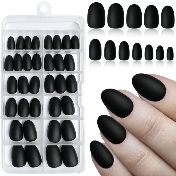 Lifextol 120pc Matte Black Almond Press on Nails Short Oval Fake Nails Press ons with Glue&Sticky Tab, 12 Sizes Acrylic Nails Press on Nails Almond Black Nails Glue on Nail Tips Artificial Fingernail