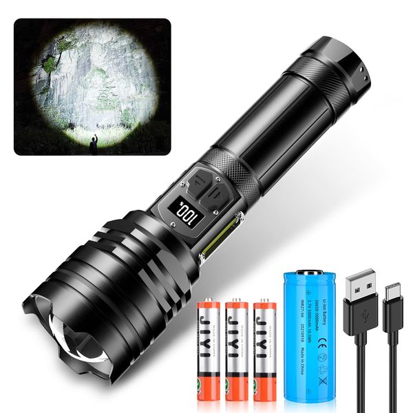 LED Flashlight, LED (2024 COB Work Light, LCD Screen Digital Remaining Display), Powerful, Military, Strongest, Ultra High Brightness, 110,0000 Lumens, Type C, USB Rechargeable, Ultra Long Field,