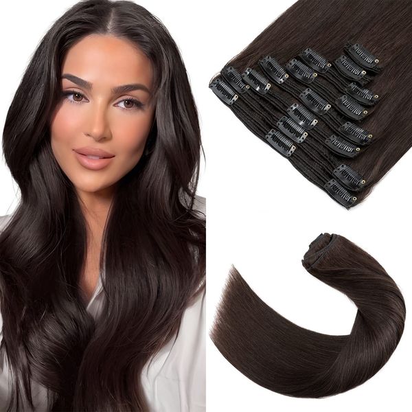 Elailite Clip in Extensions Echthaar, doppelt Tressen Clip in Extensions Haarverlängerung, dicke Volumen Haarverlängerung glatt 40cm 130g #02 Dunkelbraun