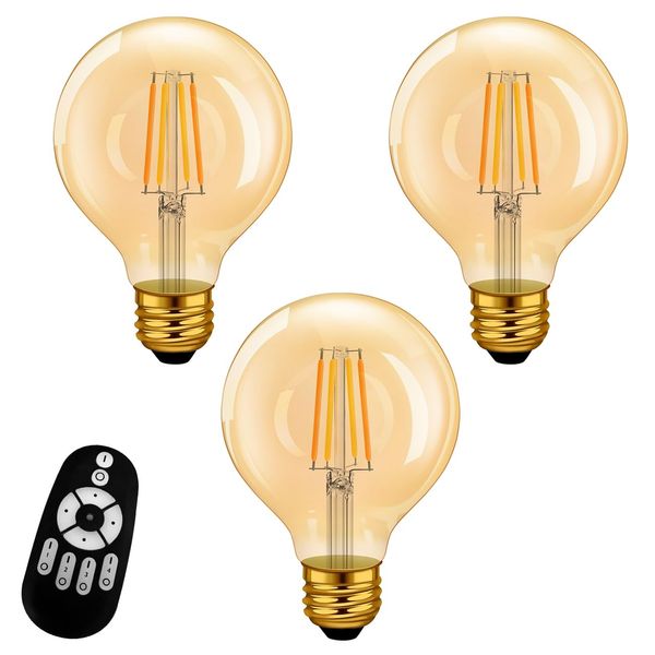 E26 Base Chandelier Light Bulb, Set of 3, Dimmable, Toned, Remote Control, 720lm, 6W Power Consumption, 60W Equivalent, Edison Bulb, Remote Control, LED Lamp, Daylight, Daylight, White, Night Light,