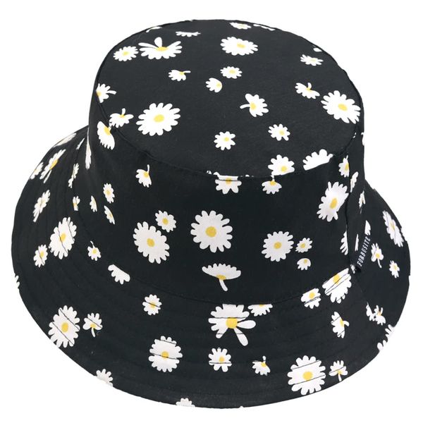 VECRY Damen Baumwolle Reversibel Bucket Hat Irre Fischmenschen Outdoor-Kappe Faltbar Sommer Strand Hüte (M,Blumen-Schwarz)