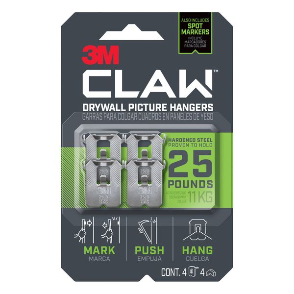 3M CLAW Drywall Picture Hangers [25 lbs.]: 4-pack (Silver) [4-sets]