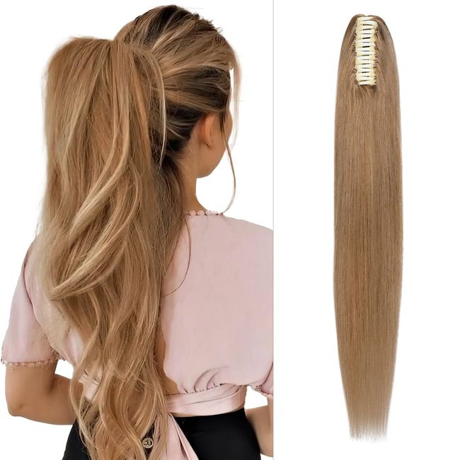 Fellissy Claw Clip Ponytail Extension Human Hair Ponytail Extension for Women Long Straight Ponytail Extension Hair Extensions Real Human Hair Ponytail 16inch #27 Light brown